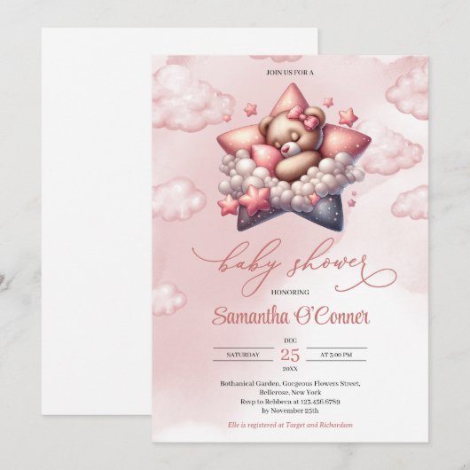 Schattige baby beer slapen op Star Cloud Baby show Kaart (Voorkant / Achterkant)