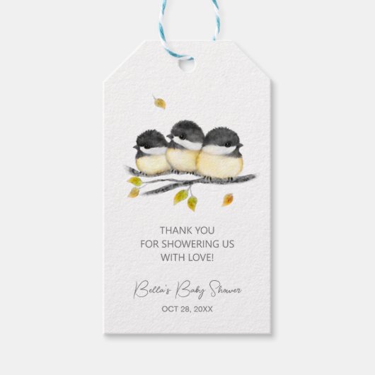Schattige Baby Bird Chickadees Baby shower Cadeaulabel (Voorkant)
