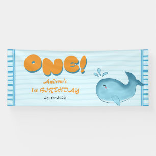 Schattige baby blauwe walvis 1e verjaardag spandoek