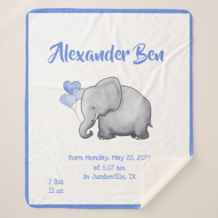 Schattige Baby Blue Birth Stats Nursery Elephant Sherpa Deken