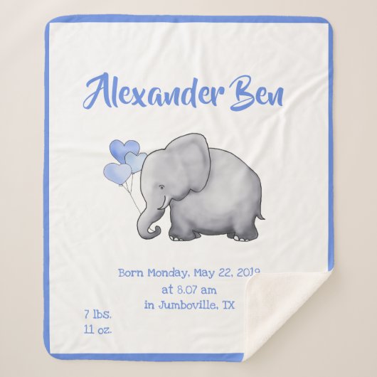 Schattige Baby Blue Birth Stats Nursery Elephant Sherpa Deken (Voorkant)