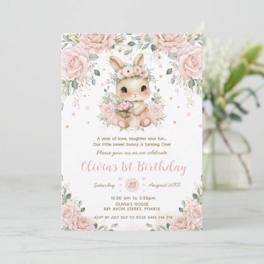 Schattige Baby Bunny Rabbit Blush 1e 2e verjaardag Kaart (Staand voorkant)