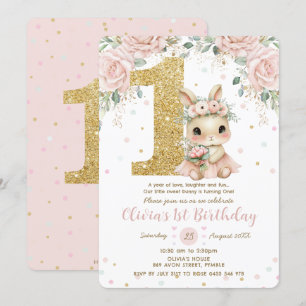 Schattige Baby Bunny Rabbit Blush 1st Birthday One Kaart