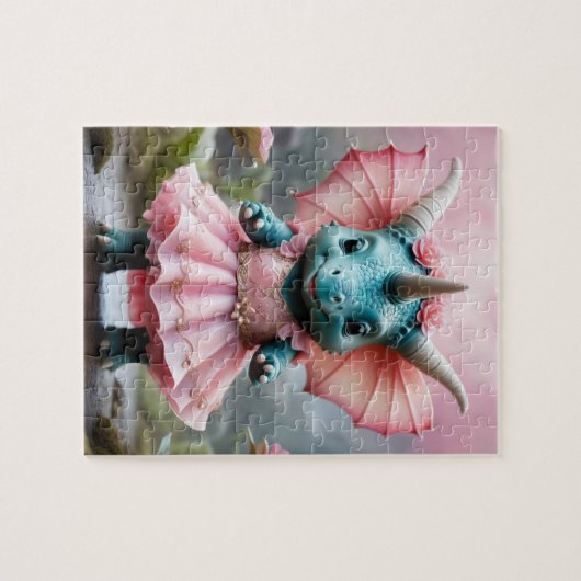 Schattige Baby Dino in een roze jurk Legpuzzel (Horizontaal)