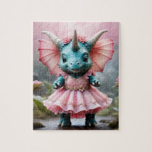 Schattige Baby Dino in een roze jurk Legpuzzel