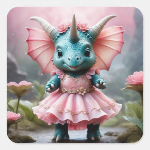 Schattige Baby Dino in een roze jurk Vierkante Sticker