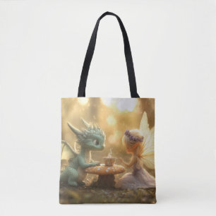 Schattige baby draak en fee genieten van thee tote bag