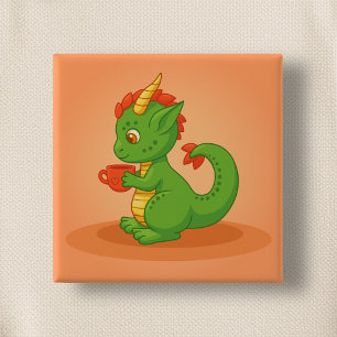 Schattige baby draak houdt kopje vast op oranje vierkante button 5,1 cm