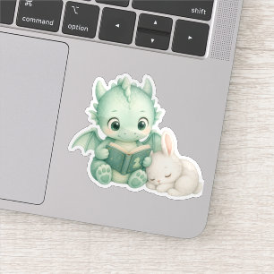 Schattige Baby Draak Leest Boek Nursery Waterverf Sticker
