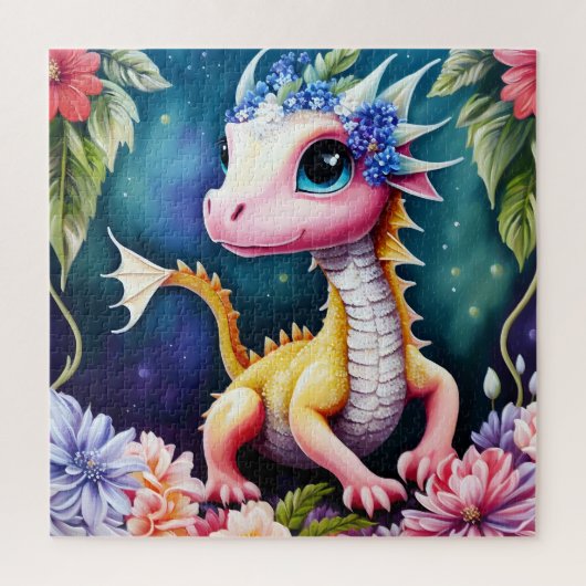 Schattige Baby Dragon bloemportret Legpuzzel (Verticaal)