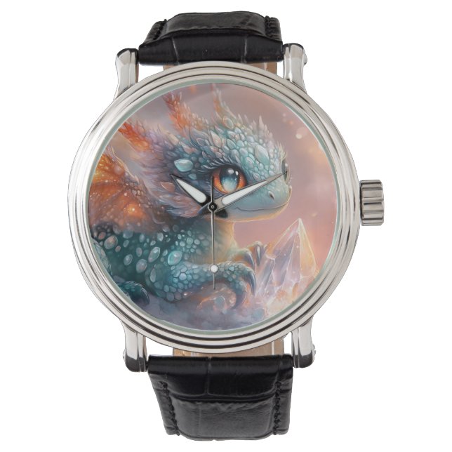 Schattige Baby Dragon met Crystal Gem: Fantasy Art Horloge (Voorkant)