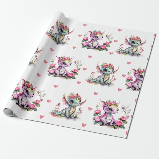 Schattige Baby Draken & Harten op Witte Valentijn Cadeaupapier (Uitgerold)