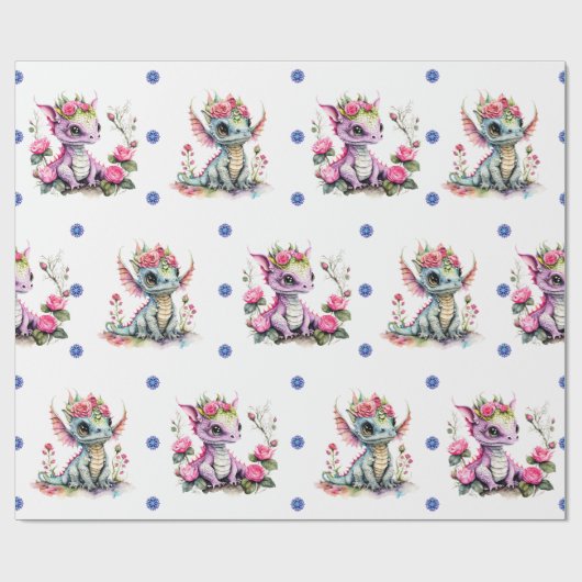 Schattige Baby Draken & Sneeuwvlokken op Wit Cadeaupapier (Vlak)