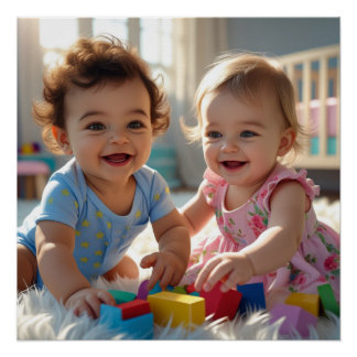Schattige Baby Duo Spelen in een zonovergoten kind Perfect Poster
