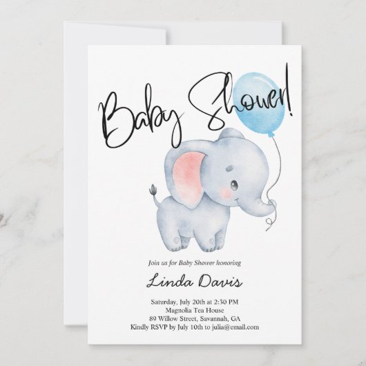 Schattige Baby Elephant Blue Balloon Baby shower Kaart (Voorkant)