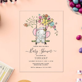 Schattige Baby Elephant Girl Floral Swing Baby sho Acryl Uitnodigingen