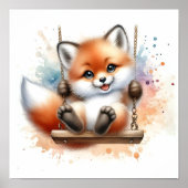 Schattige Baby Fox op een Swing Waterverf Nursery Poster (Voorkant)