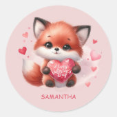 Schattige Baby Fox Rood Hart Roze Happy Valentijns Ronde Sticker (Voorkant)