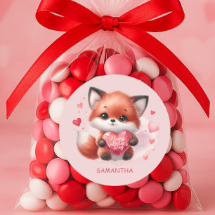 Schattige Baby Fox Rood Hart Roze Happy Valentijns Ronde Sticker