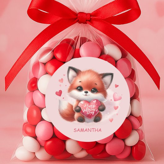Schattige Baby Fox Rood Hart Roze Happy Valentijns Ronde Sticker