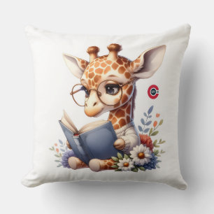Schattige baby-giraf leest boek met bril Throw Kussen