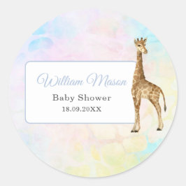 Schattige baby-giraffe baby shower blauw wild ronde sticker