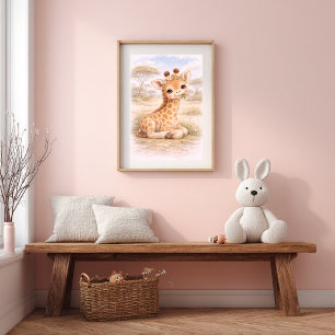 Schattige baby-giraffe die eet Neutrale kinderkame Poster