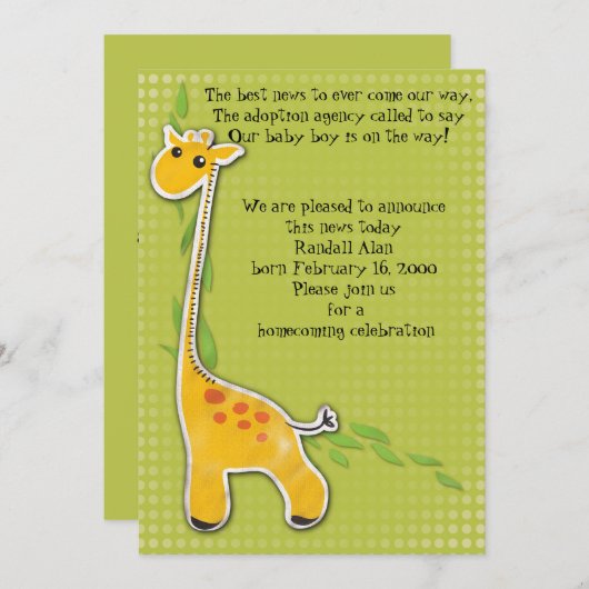 schattige baby giraffe jongen adoptie aankondiging (Voorkant / Achterkant)