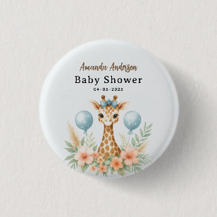 Schattige Baby Giraffe Jongen Baby Shower   Blauwe Ronde Button 3,2 Cm