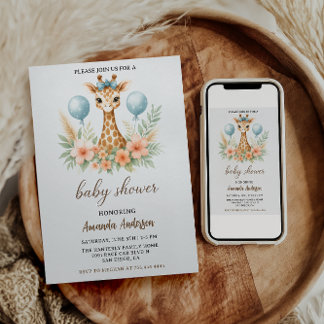 Schattige baby-giraffe-jongen babyfeest | Blauwe S Kaart
