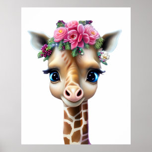 Schattige baby-giraffe met bloemen en hulst poster