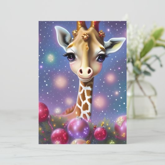 Schattige baby-giraffe met hulst en glitter feestdagenkaart (Staand voorkant)