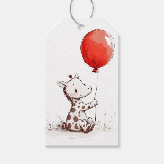 Schattige Baby Giraffe met rode ballon Cadeaulabel (Voorkant)