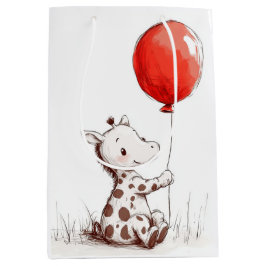 Schattige Baby-Giraffe met rode ballonspiraal Medium Cadeauzakje