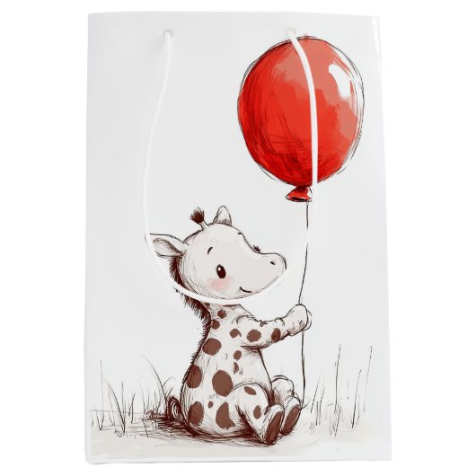 Schattige Baby-Giraffe met rode ballonspiraal Medium Cadeauzakje (Voorkant)