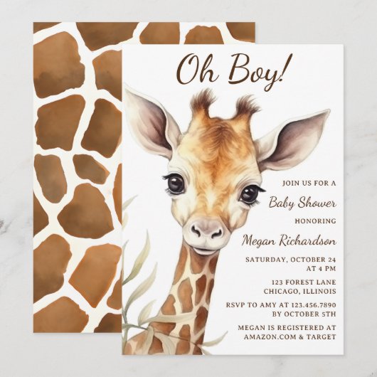 Schattige Baby Giraffe Oh Boy Baby shower Kaart (Voorkant / Achterkant)