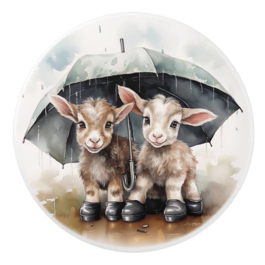 Schattige Baby Goats in de regen Keramische Knop (Voorkant)