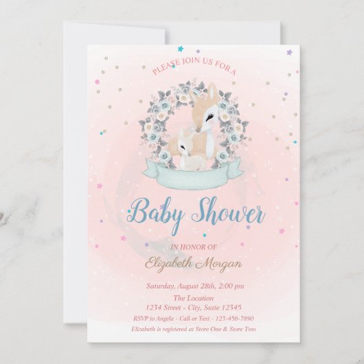 Schattige Baby Herten, Sterren Blauw Rozen Baby sh Kaart (Voorkant)