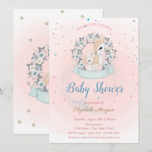 Schattige Baby Herten, Sterren Blauw Rozen Baby sh Kaart (Voorkant / Achterkant)