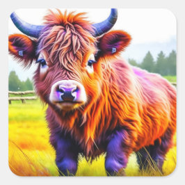 Schattige Baby Highland Koe op een Boerderij Vierkante Sticker