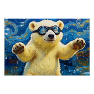 Schattige baby ijsbeer omringd door bubbels perfect poster