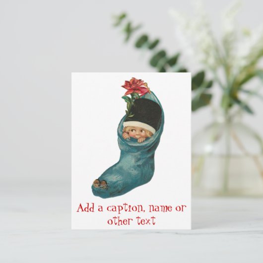 Schattige baby in een sok Kerstkaarten Feestdagenkaart (Staand voorkant)