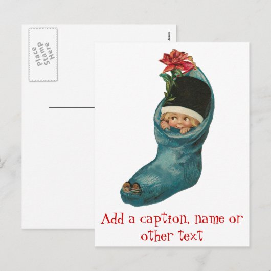 Schattige baby in een sok Kerstkaarten Feestdagenkaart (Voorkant / Achterkant)