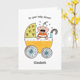 Schattige baby in kinderwagen voor je babyshower kaart