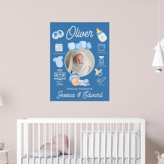 Schattige Baby Jongen Geboorte Stats Blauw Pasgebo Poster (Kinderkamer 2)