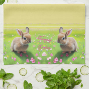 Schattige baby konijn in een bloemenweide, Pasen Theedoek