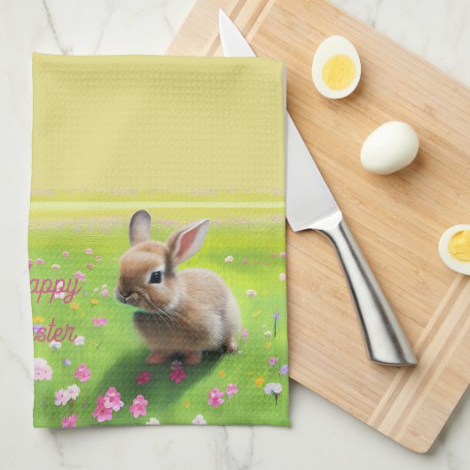 Schattige baby konijn in een bloemenweide, Pasen Theedoek (Quarter Fold)