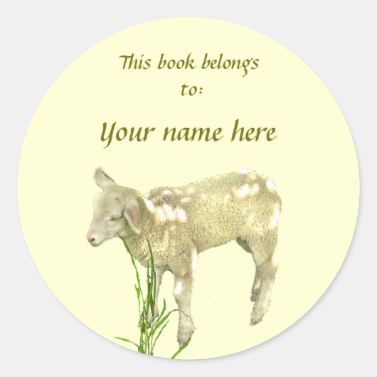 Schattige Baby Lamb op Gele Bookplate Ronde Sticker (Voorkant)