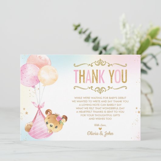 Schattige Baby Meisje Beer Ballonnen Baby shower S Bedankkaart (Staand voorkant)