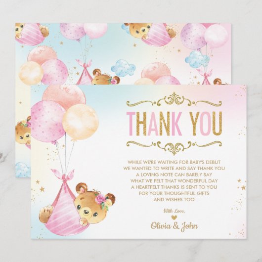 Schattige Baby Meisje Beer Ballonnen Baby shower S Bedankkaart (Voorkant / Achterkant)